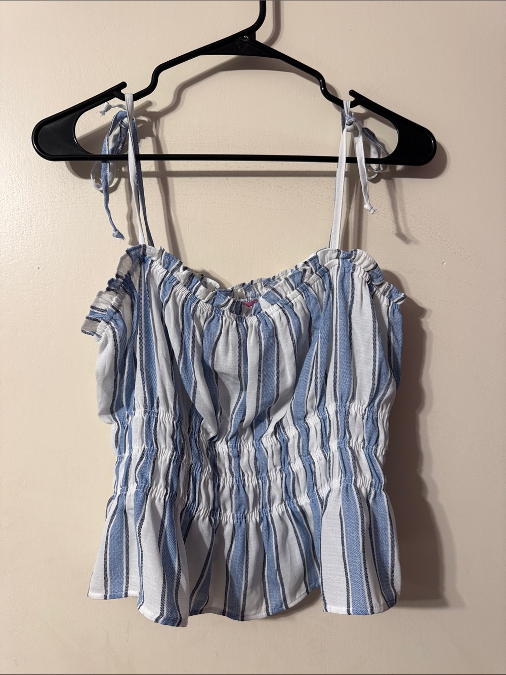 miami White and Light Blue Striped Tie-Shoulder Peplum Top